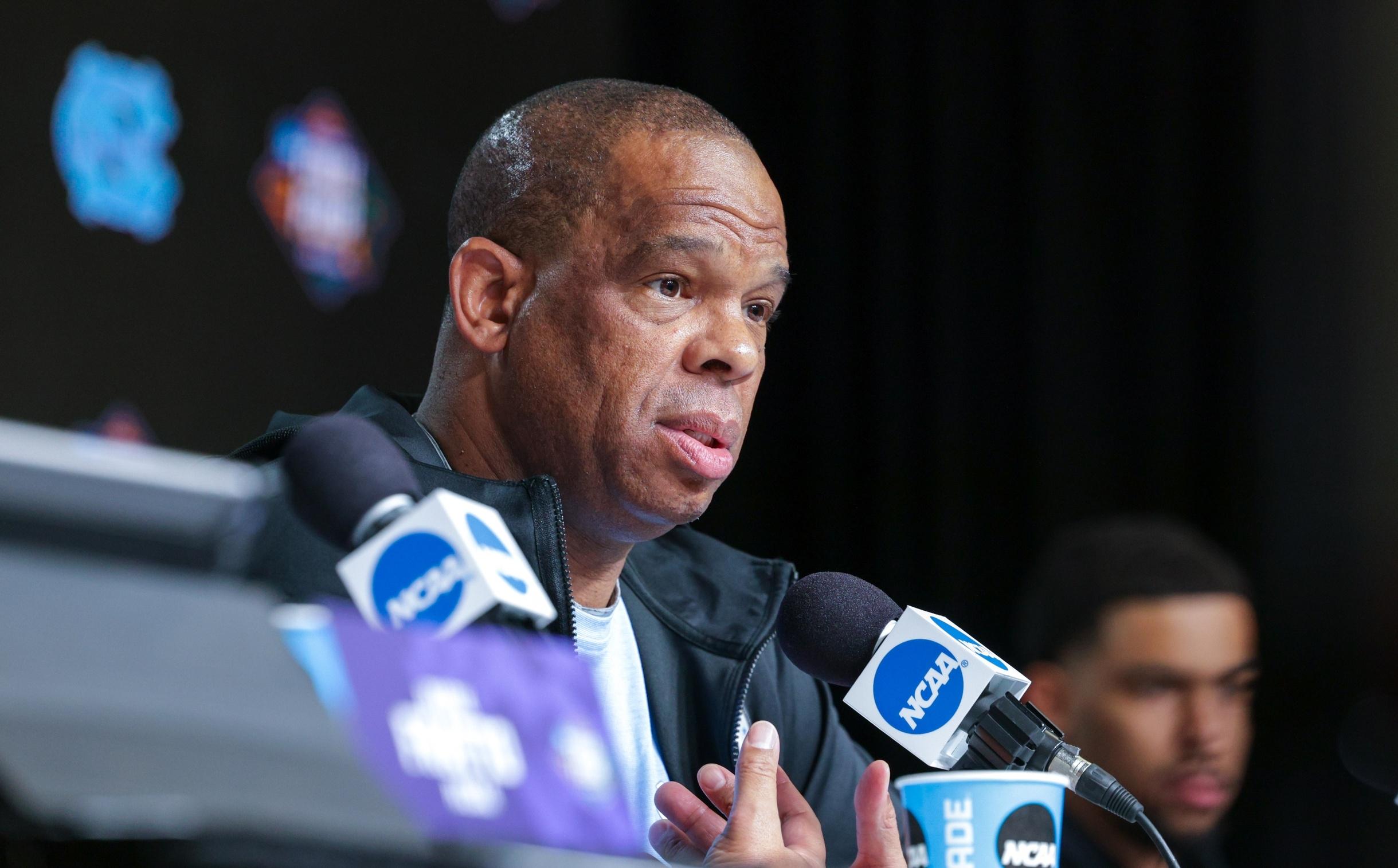 Hubert Davis talking to media on Sunday, April 3.