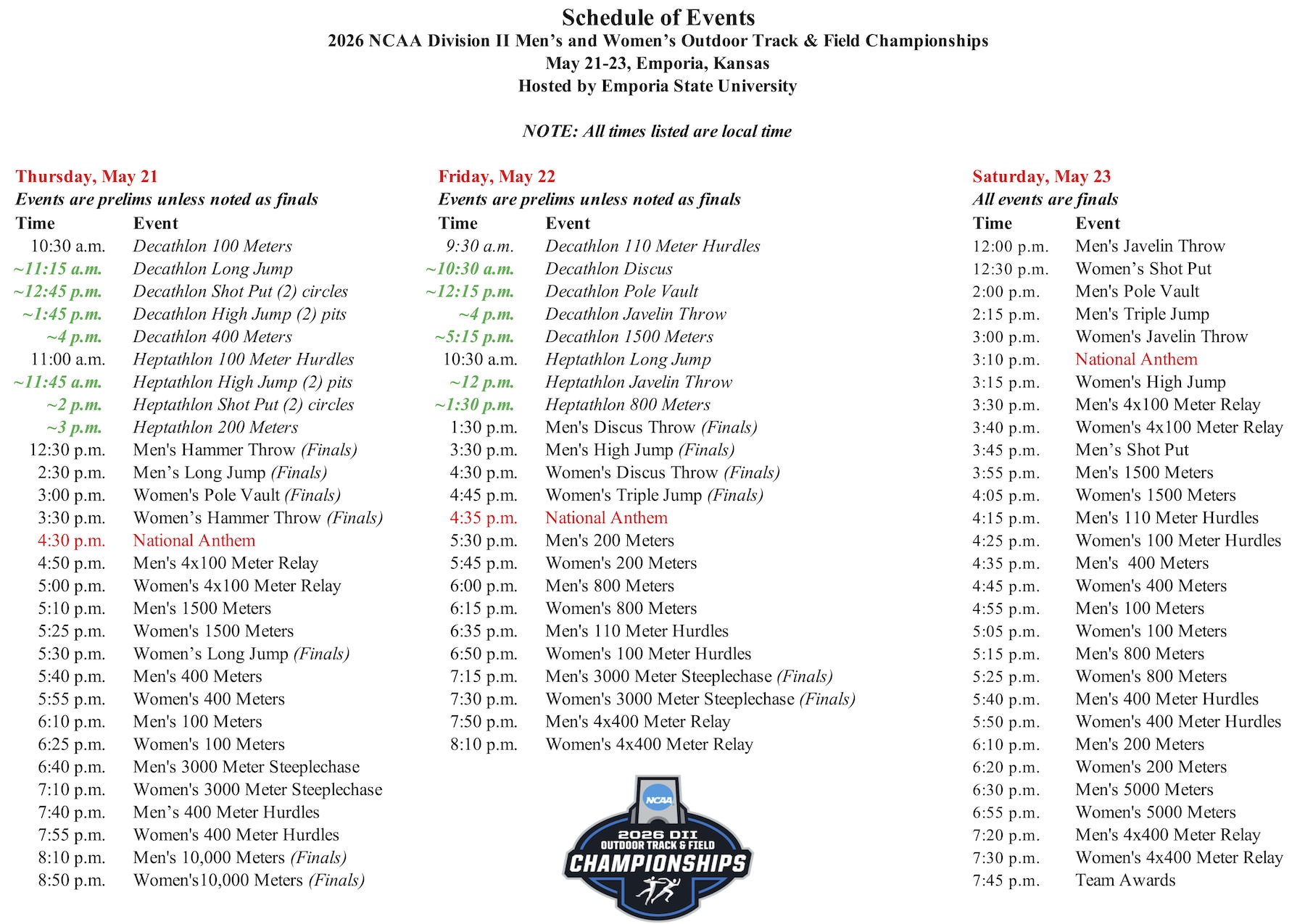 schedule of events